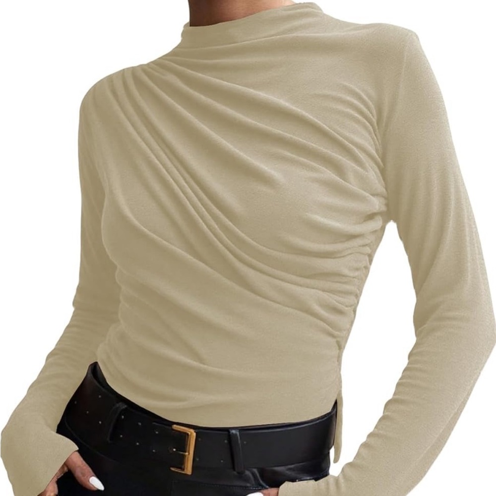 Ruched High Neck Long Sleeve Top - Cream.New-never been worn.